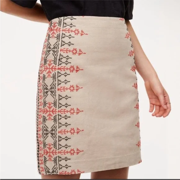 LOFT Tribal Cream Embellished Pencil Skirt Knee-Length Resort Wear - Picture 1 of 7